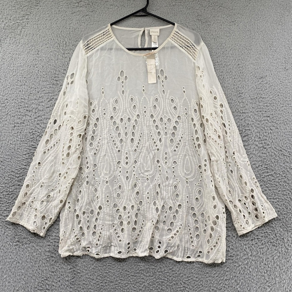 Chicos Eyelet Tunic Top Womens 3 / XL White Embroidered Sheer Boho Cottage